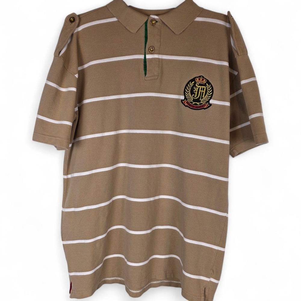 Abianche Men's Tan Striped Polo Shirt Crest Logo Short Sleeve Casual‎ XL